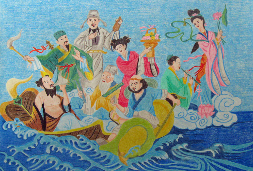 Восемь китайских бессмертных. Ба сянь восемь бессмертных. Даосские семь бессмертных. Бессмертные в китайской мифологии. Даосизм восемь бессмертных.